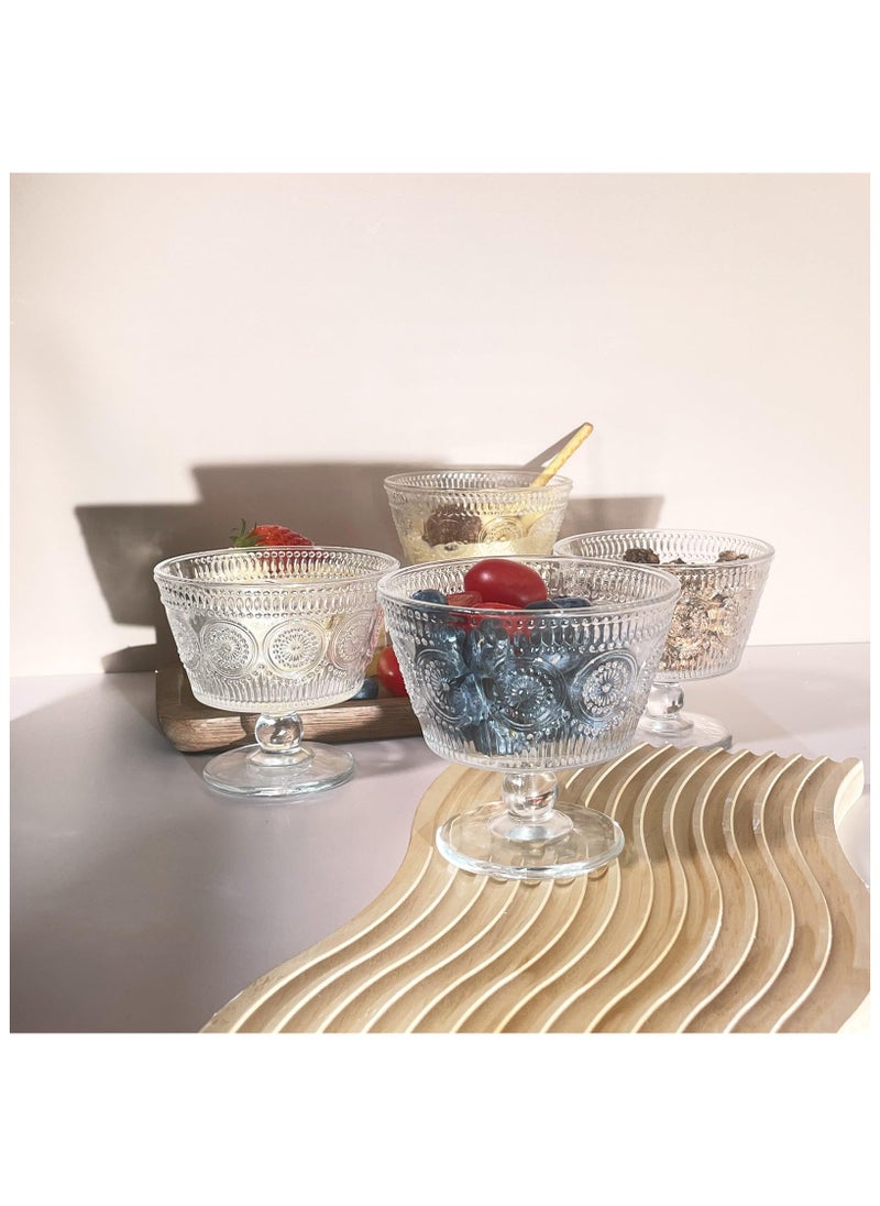 Vintage Glass Dessert Bowls, Set of 4, 9oz Glass Ice Cream Sundae Cups with Sunflower Pattern Glass Dessert Cups, Ideal for Ice Cream, Sorbet, Fruit, Snacks, Yogurt, and Appetizers (4PCS)