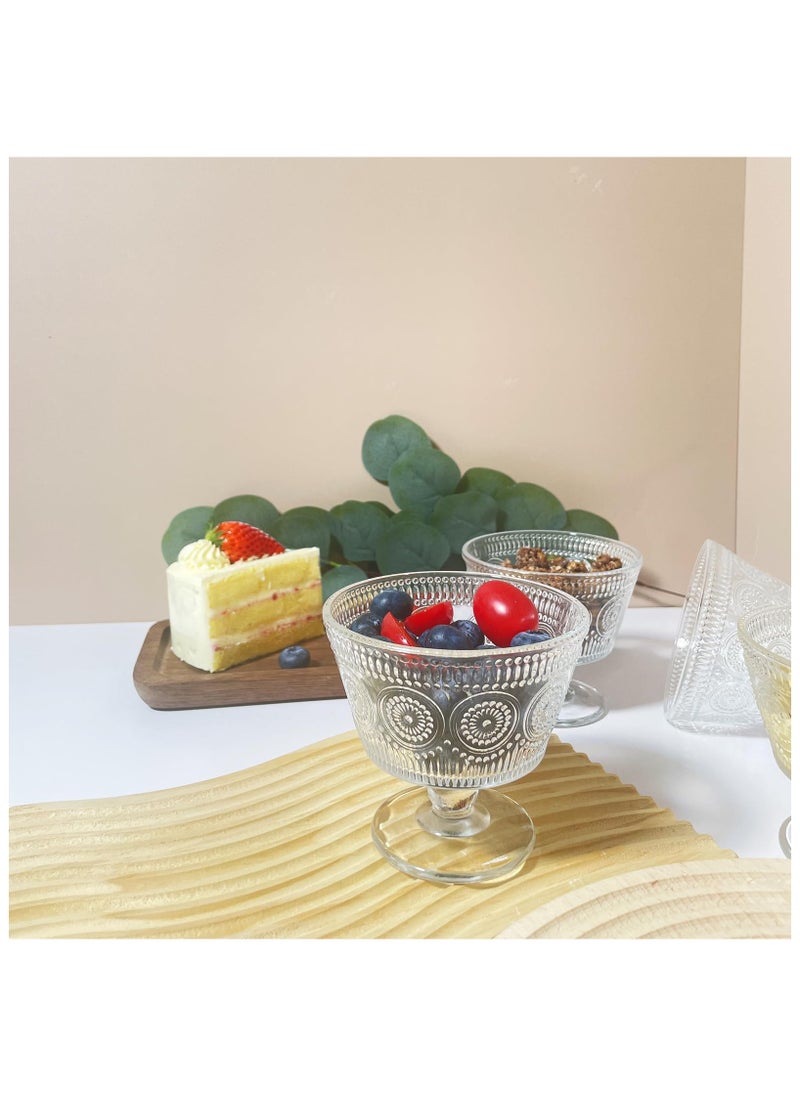 Vintage Glass Dessert Bowls, Set of 4, 9oz Glass Ice Cream Sundae Cups with Sunflower Pattern Glass Dessert Cups, Ideal for Ice Cream, Sorbet, Fruit, Snacks, Yogurt, and Appetizers (4PCS)