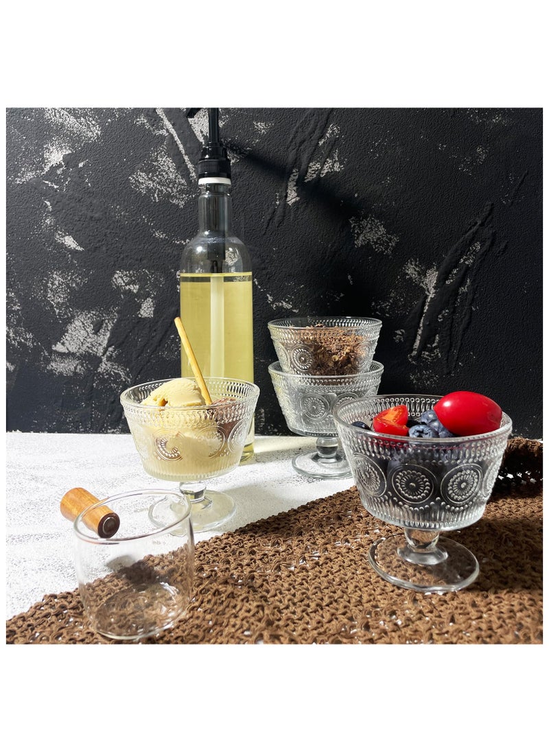 Vintage Glass Dessert Bowls, Set of 4, 9oz Glass Ice Cream Sundae Cups with Sunflower Pattern Glass Dessert Cups, Ideal for Ice Cream, Sorbet, Fruit, Snacks, Yogurt, and Appetizers (4PCS)