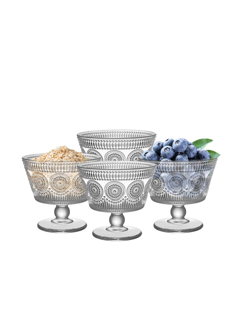 Vintage Glass Dessert Bowls, Set of 4, 9oz Glass Ice Cream Sundae Cups with Sunflower Pattern Glass Dessert Cups, Ideal for Ice Cream, Sorbet, Fruit, Snacks, Yogurt, and Appetizers (4PCS)