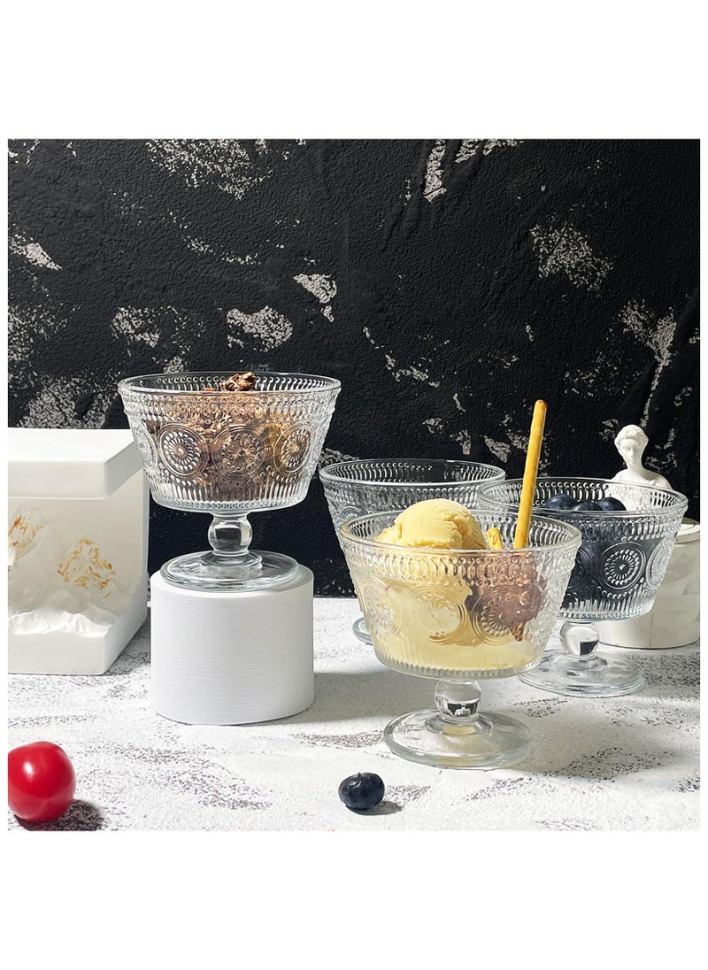 Vintage Glass Dessert Bowls, Set of 4, 9oz Glass Ice Cream Sundae Cups with Sunflower Pattern Glass Dessert Cups, Ideal for Ice Cream, Sorbet, Fruit, Snacks, Yogurt, and Appetizers (4PCS)
