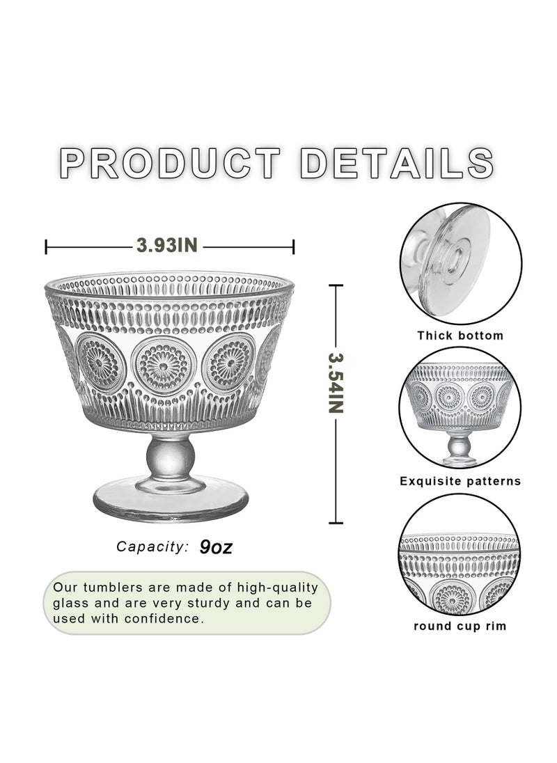 Vintage Glass Dessert Bowls, Set of 4, 9oz Glass Ice Cream Sundae Cups with Sunflower Pattern Glass Dessert Cups, Ideal for Ice Cream, Sorbet, Fruit, Snacks, Yogurt, and Appetizers (4PCS)