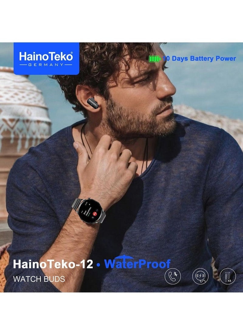 Men's Waterproof Smartwatch with Integrated Wireless Earbuds, AMOLED Display, 3 Strap Options, and Charging Cable - Black Design