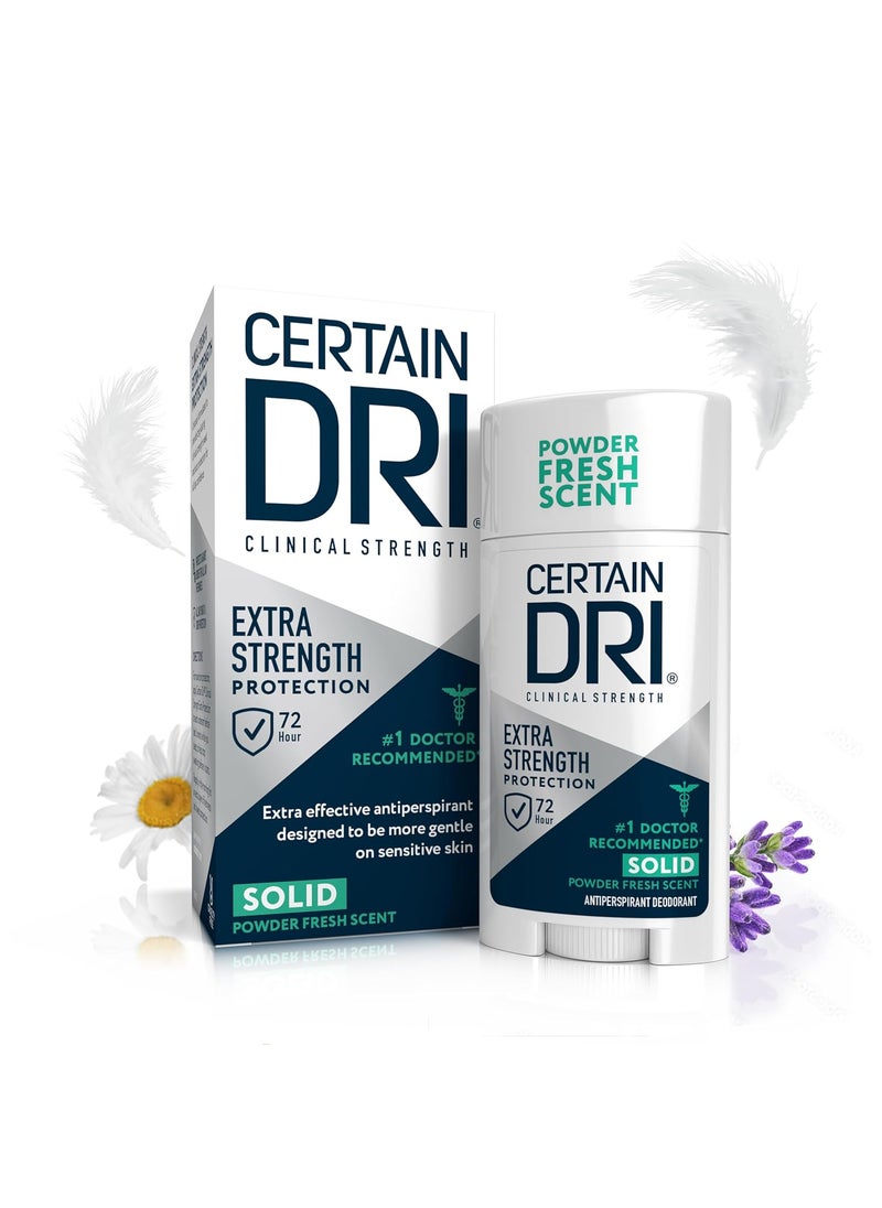 Certain Dri Extra Strength Clinical Solid Antiperspirant, Hyperhidrosis Treatment for Men & Women, Long-Lasting 72hr Protection, Effective Sweat Control, Travel Friendly, Powder Fresh Scent, 1.7oz