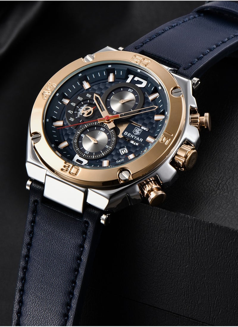 New Quartz Men's Watches, Leather Strap, 45MM Stainless Steel Frame, Waterproof, Fashion And Business All-Match, BY 5151
