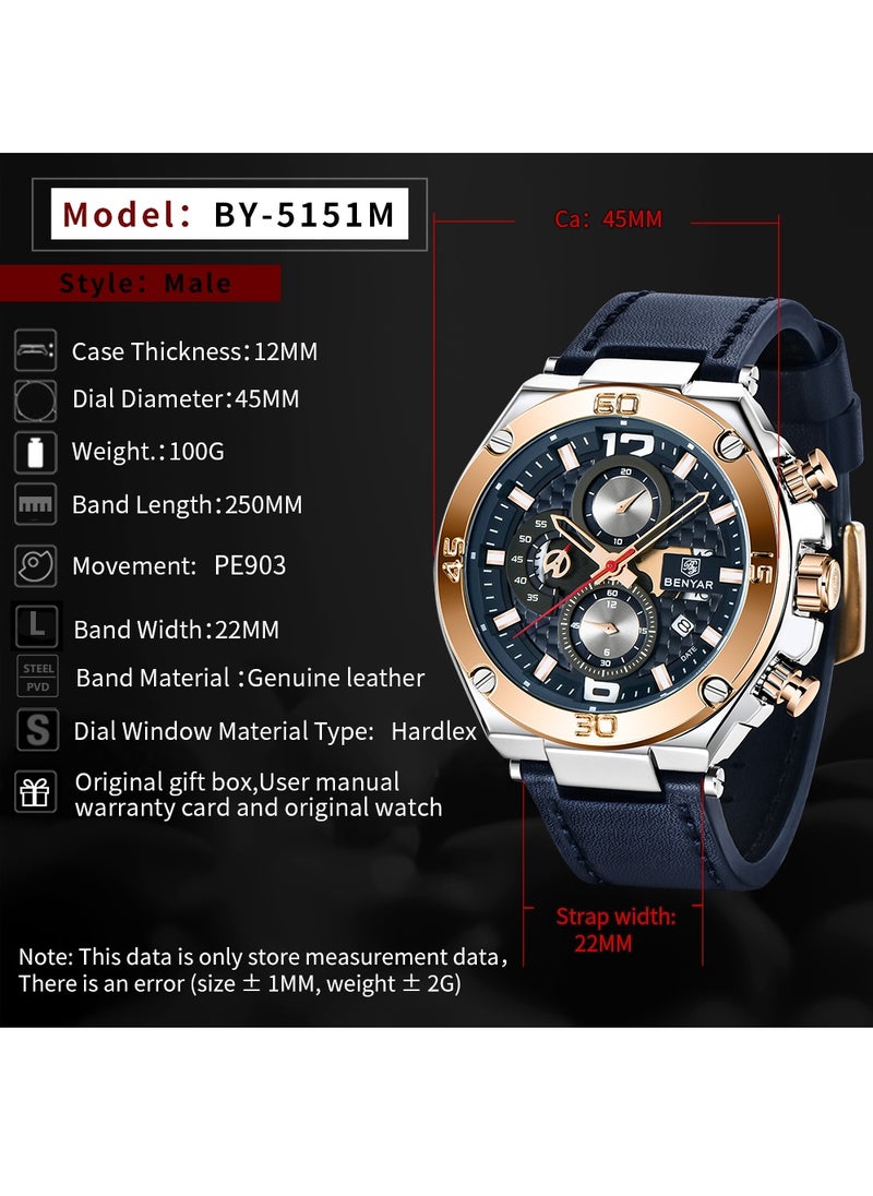 New Quartz Men's Watches, Leather Strap, 45MM Stainless Steel Frame, Waterproof, Fashion And Business All-Match, BY 5151