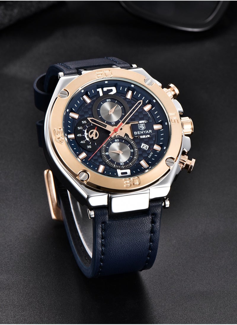New Quartz Men's Watches, Leather Strap, 45MM Stainless Steel Frame, Waterproof, Fashion And Business All-Match, BY 5151