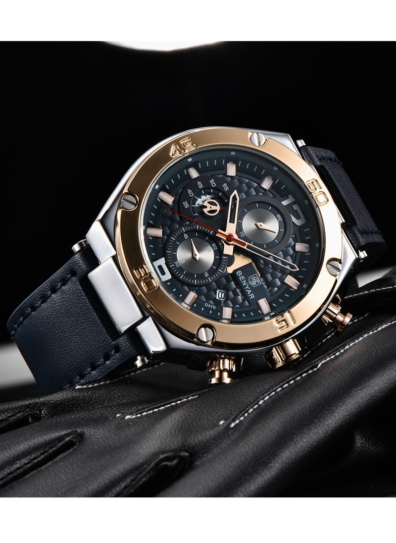 New Quartz Men's Watches, Leather Strap, 45MM Stainless Steel Frame, Waterproof, Fashion And Business All-Match, BY 5151