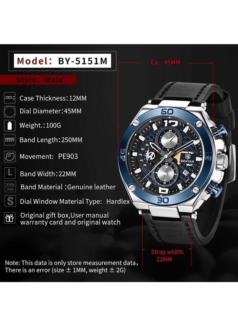 New Quartz Men's Watches, Leather Strap, 45MM Stainless Steel Frame, Waterproof, Fashion And Business All-Match, BY 5151