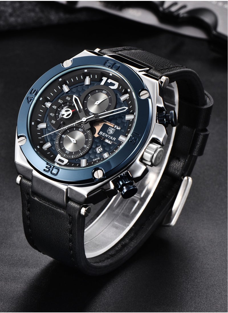 New Quartz Men's Watches, Leather Strap, 45MM Stainless Steel Frame, Waterproof, Fashion And Business All-Match, BY 5151