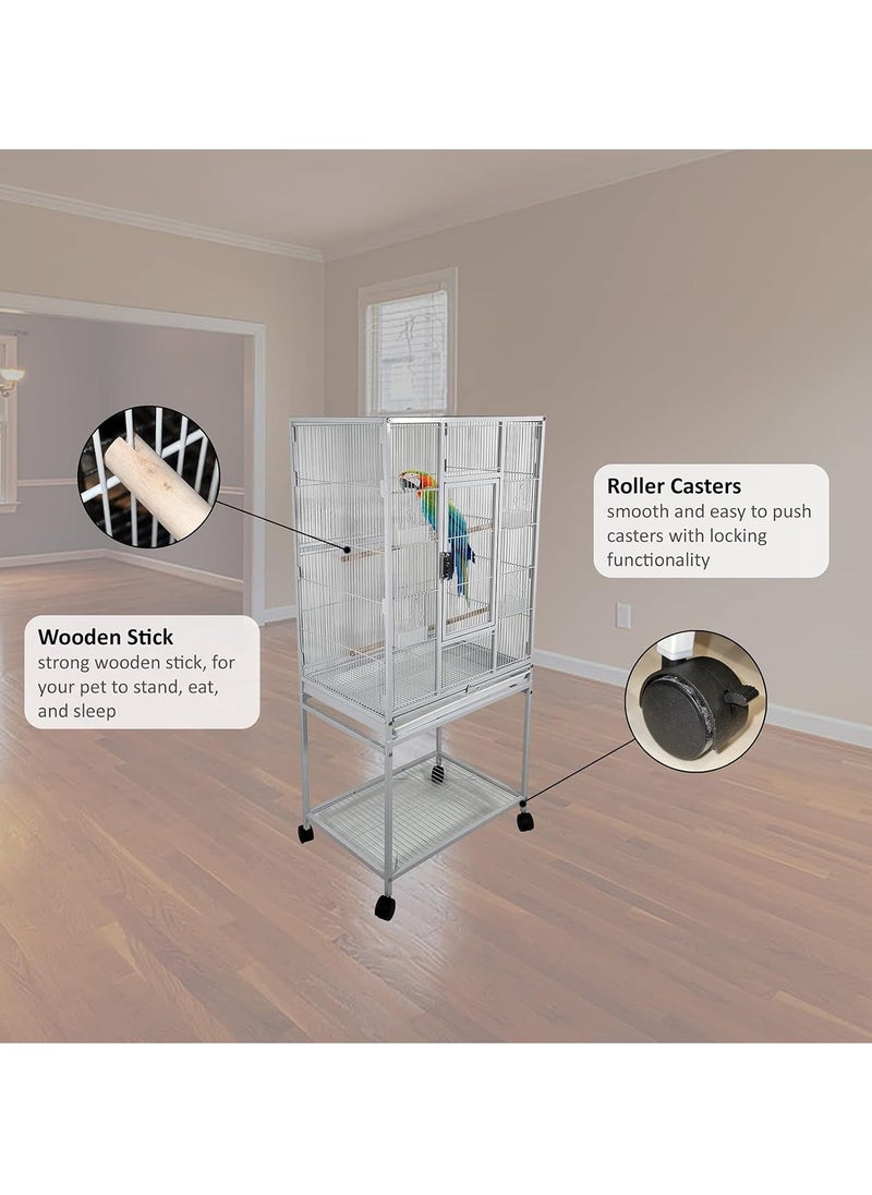 White Bird Cage - Strong Modern Cage for Parrots, Food Containers, and Entertainment, Beautiful Design, Easy to Assemble, Indoor Use (136 cm height)