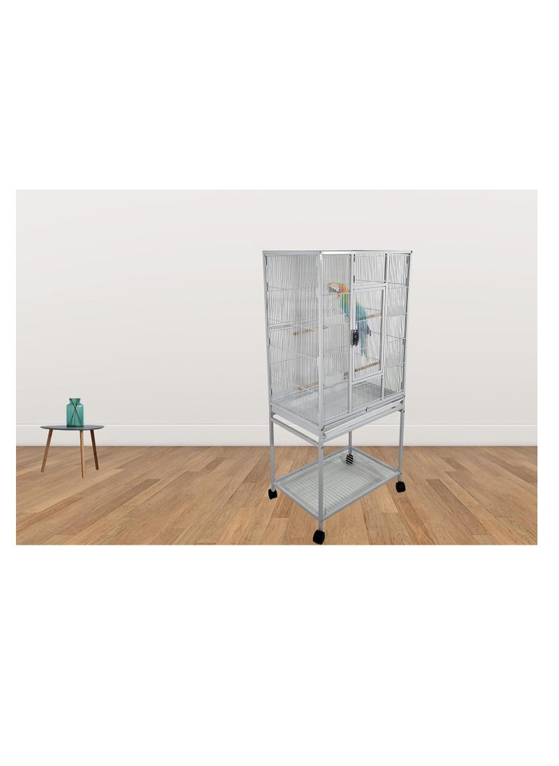 White Bird Cage - Strong Modern Cage for Parrots, Food Containers, and Entertainment, Beautiful Design, Easy to Assemble, Indoor Use (136 cm height)