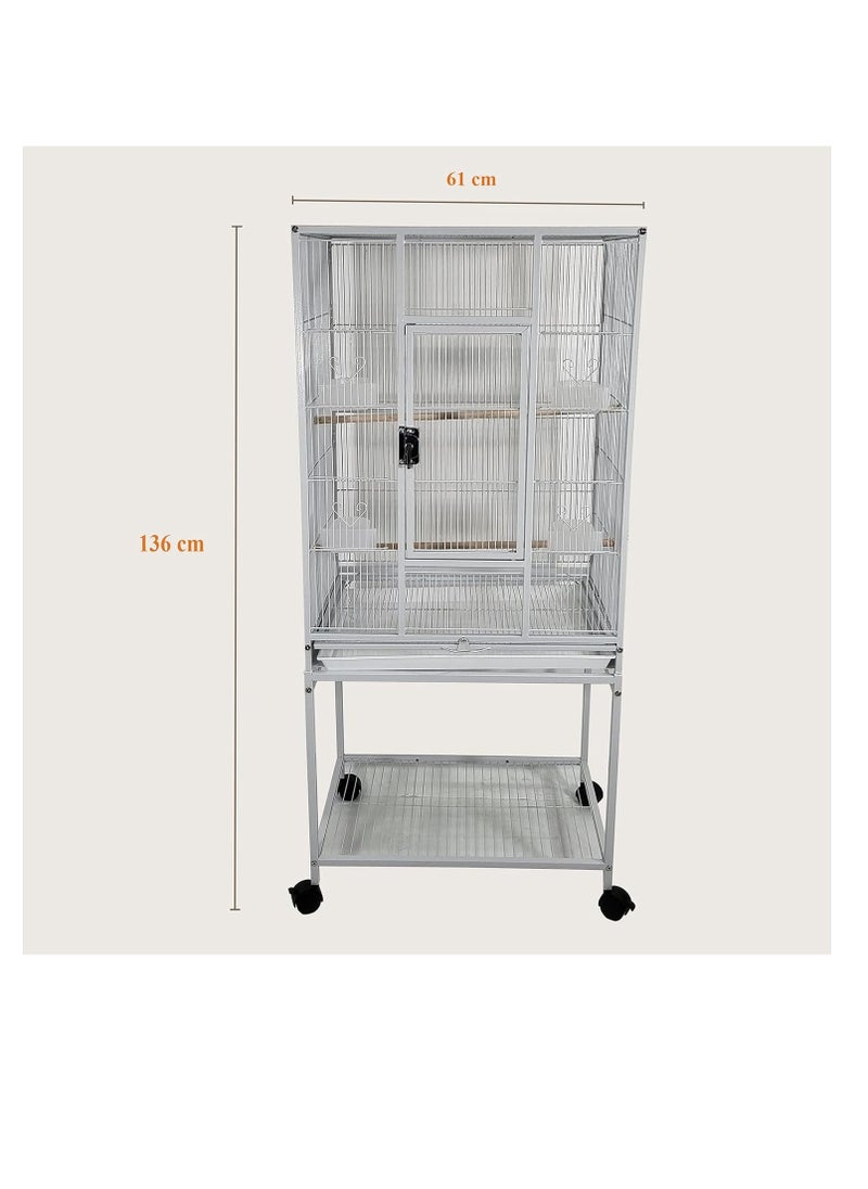 White Bird Cage - Strong Modern Cage for Parrots, Food Containers, and Entertainment, Beautiful Design, Easy to Assemble, Indoor Use (136 cm height)
