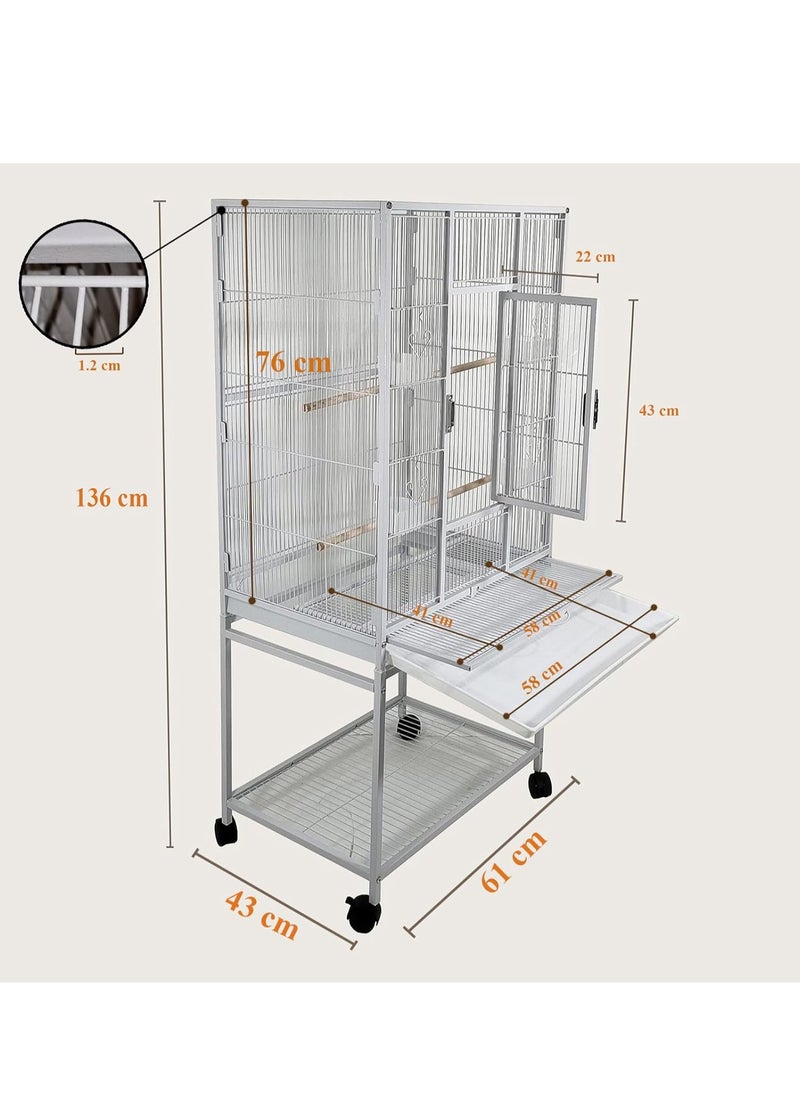 White Bird Cage - Strong Modern Cage for Parrots, Food Containers, and Entertainment, Beautiful Design, Easy to Assemble, Indoor Use (136 cm height)