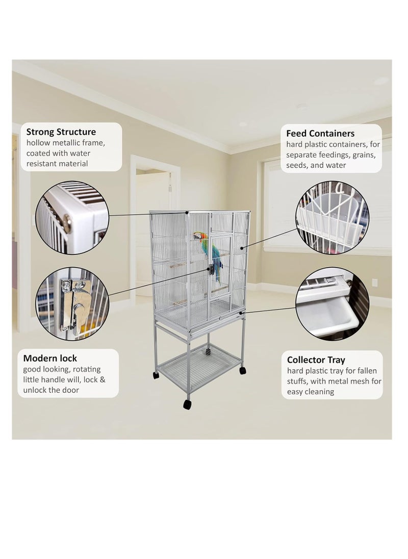White Bird Cage - Strong Modern Cage for Parrots, Food Containers, and Entertainment, Beautiful Design, Easy to Assemble, Indoor Use (136 cm height)