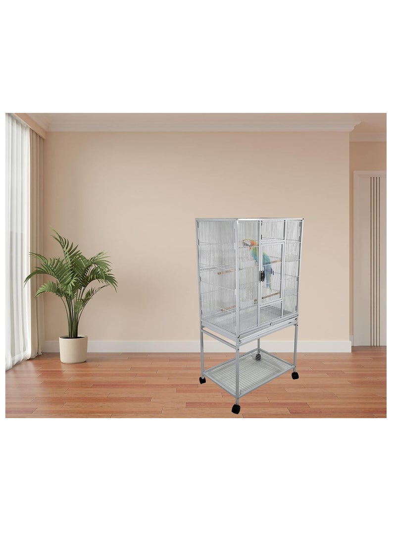 White Bird Cage - Strong Modern Cage for Parrots, Food Containers, and Entertainment, Beautiful Design, Easy to Assemble, Indoor Use (136 cm height)