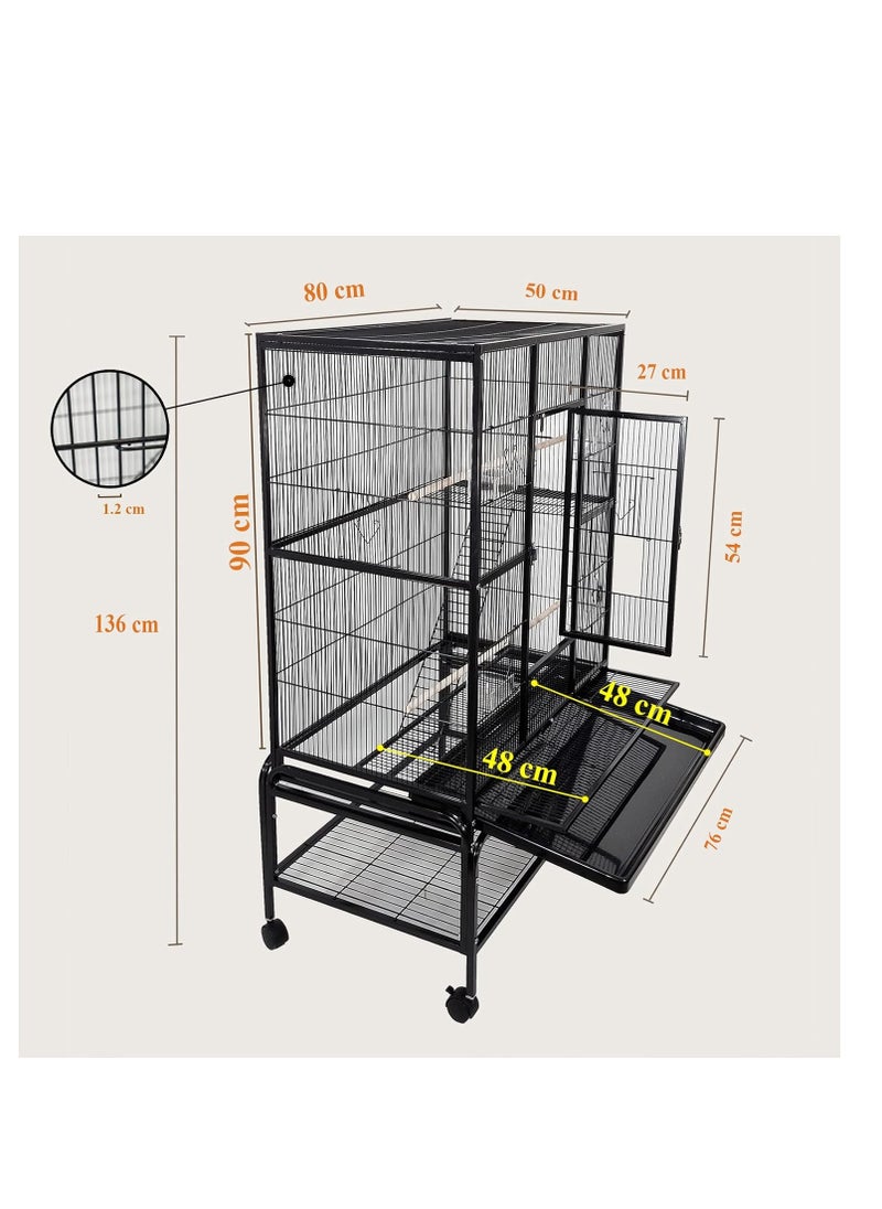 Entertaining Modern Cage with Food Containers for Parrot Black 136 cm | Indoor Use | Easy to Assemble | Black Color Cage | Comfort for Birds | Universal Wheels | Beautiful Design