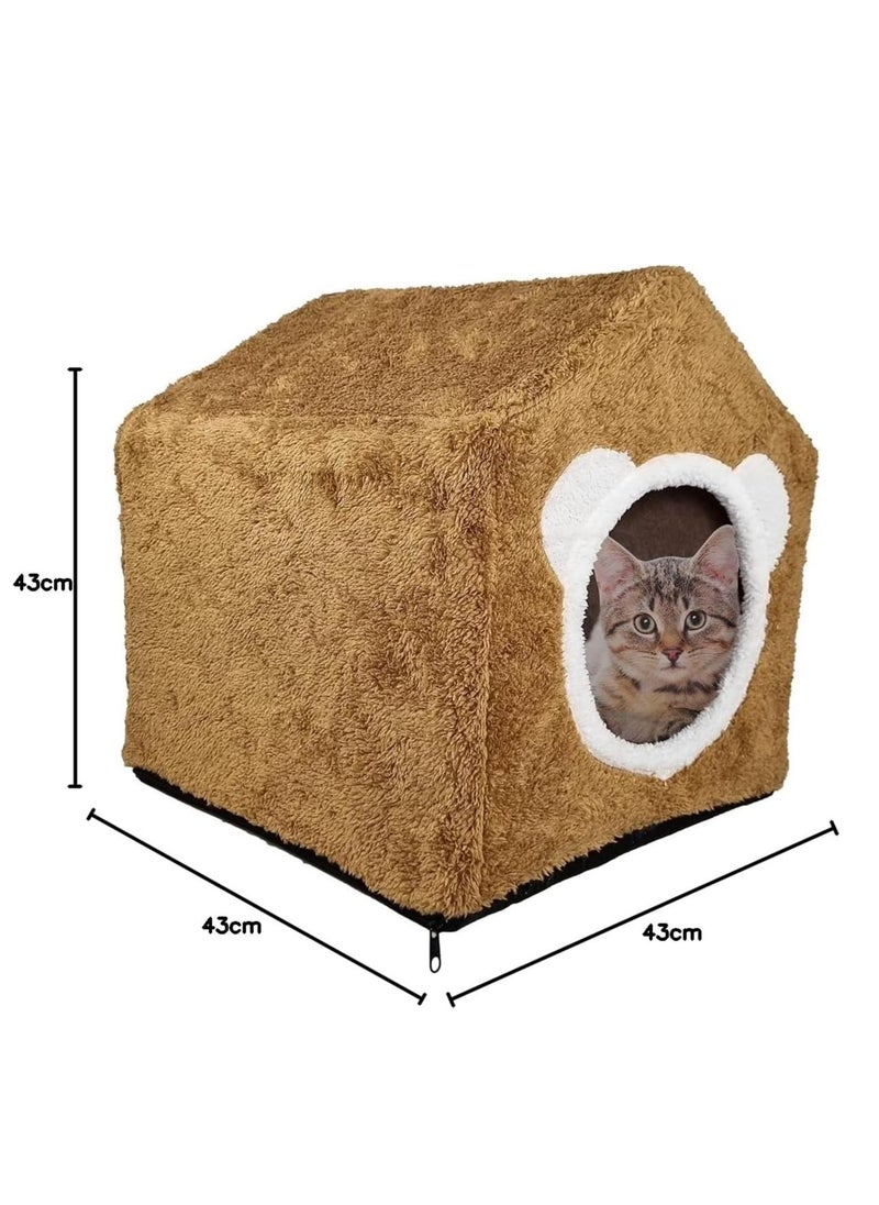Cat house bed with a removable soft mat, Pet bed, Plush and soft cats shelter, Kitten bed, Foam cushioned, Detachable cat bed, Anti-slip bottom Brown color (42 cm)