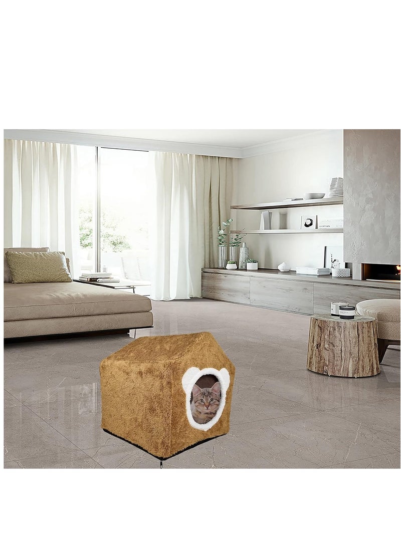 Cat house bed with a removable soft mat, Pet bed, Plush and soft cats shelter, Kitten bed, Foam cushioned, Detachable cat bed, Anti-slip bottom Brown color (42 cm)
