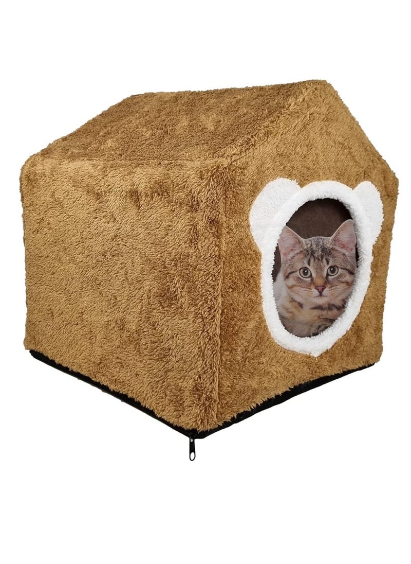 Cat house bed with a removable soft mat, Pet bed, Plush and soft cats shelter, Kitten bed, Foam cushioned, Detachable cat bed, Anti-slip bottom Brown color (42 cm)