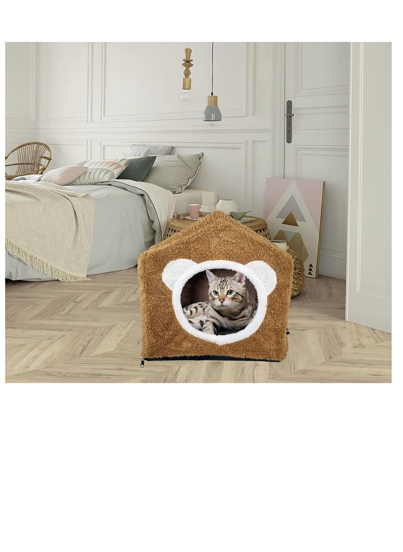 Cat house bed with a removable soft mat, Pet bed, Plush and soft cats shelter, Kitten bed, Foam cushioned, Detachable cat bed, Anti-slip bottom Brown color (42 cm)