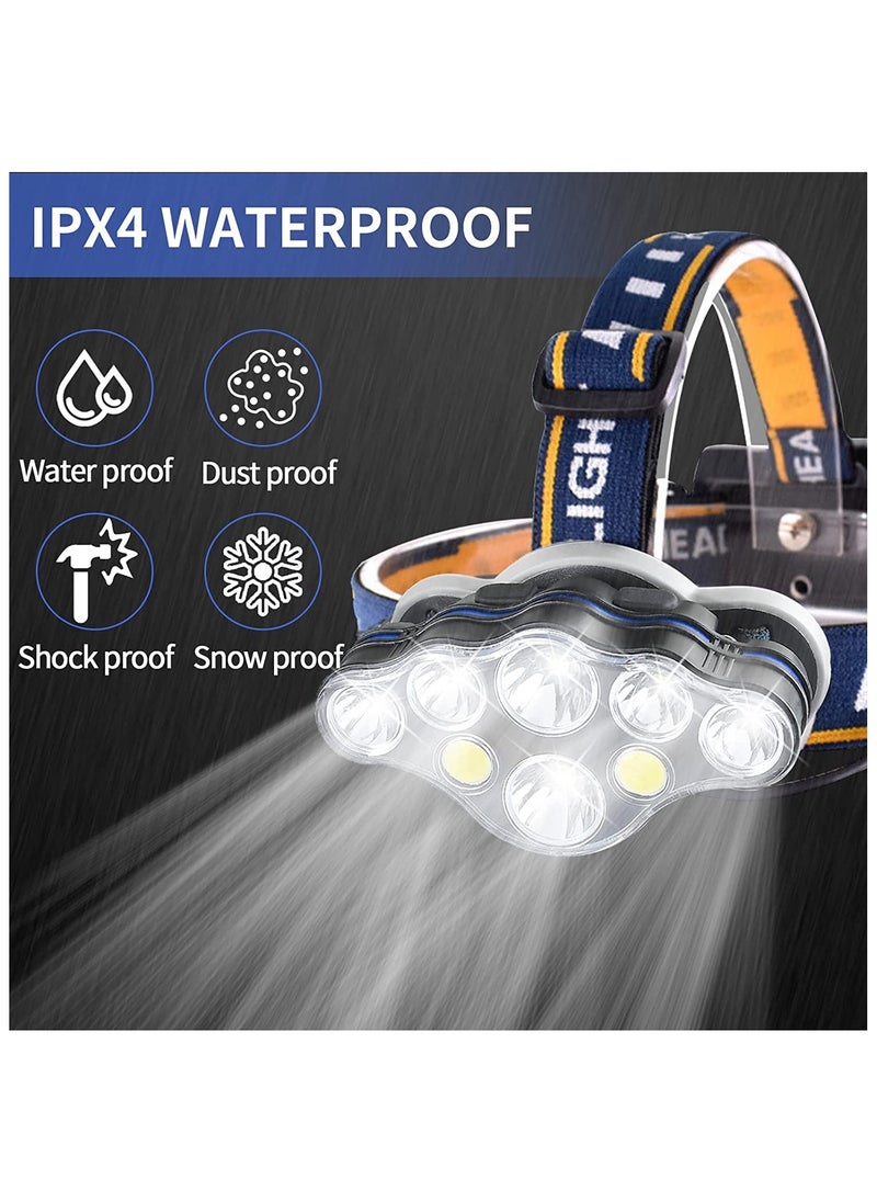 Rechargeable Headlamp 8 LED Lumen Super Bright Waterproof Headlight with Red Lights 8 Modes USB for Emergency Light ​Outdoors Fishing Hiking Camping