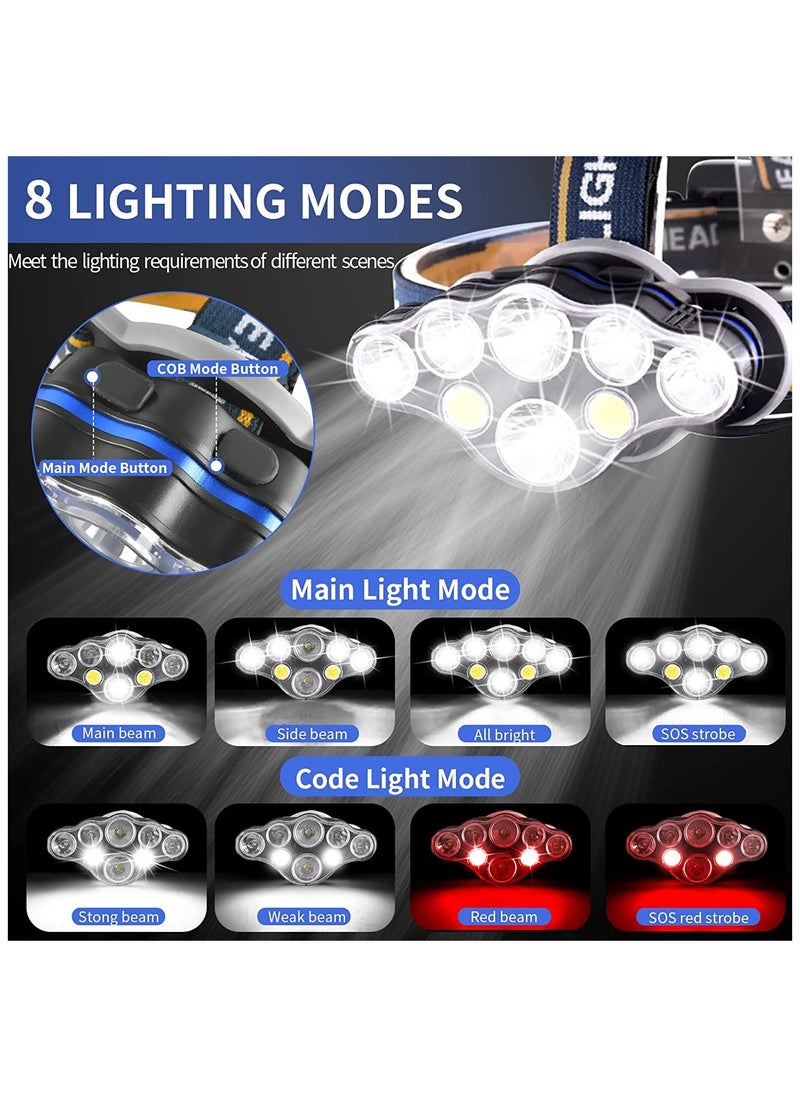 Rechargeable Headlamp 8 LED Lumen Super Bright Waterproof Headlight with Red Lights 8 Modes USB for Emergency Light ​Outdoors Fishing Hiking Camping