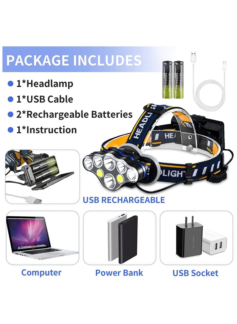 Rechargeable Headlamp 8 LED Lumen Super Bright Waterproof Headlight with Red Lights 8 Modes USB for Emergency Light ​Outdoors Fishing Hiking Camping