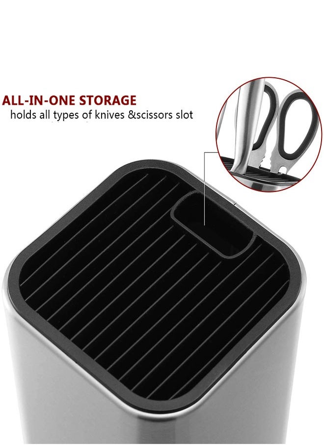 Universal Knife Block Holder Stainless Steel Modern Rectangular Design with Scissors-Slot, Knife Holder Counter-top Storage, Holds 12 8”-Blade Knives, 23x11cm (knives not included)
