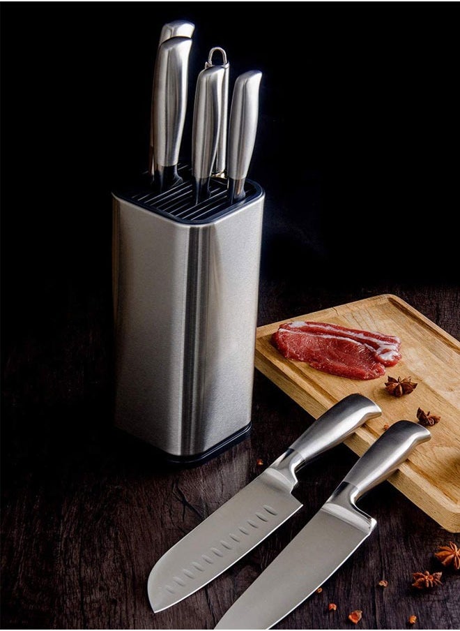 Universal Knife Block Holder Stainless Steel Modern Rectangular Design with Scissors-Slot, Knife Holder Counter-top Storage, Holds 12 8”-Blade Knives, 23x11cm (knives not included)