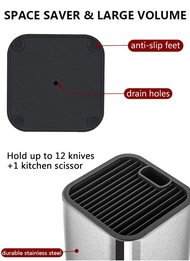 Universal Knife Block Holder Stainless Steel Modern Rectangular Design with Scissors-Slot, Knife Holder Counter-top Storage, Holds 12 8”-Blade Knives, 23x11cm (knives not included)