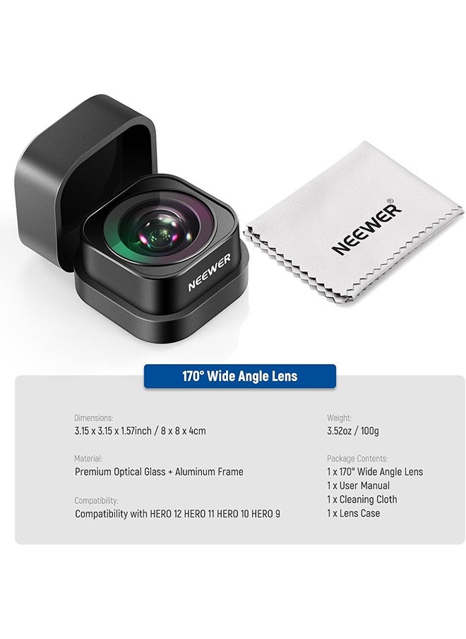 NEEWER 170° Ultra Wide Angle Lens Compatible with GoPro Hero 12 Hero 11 Hero 10 Hero 9 Black Action Camera Lens Accessories, Anti Reflective Multi Coated HD Optical Glass, Aluminum Frame, LS-37