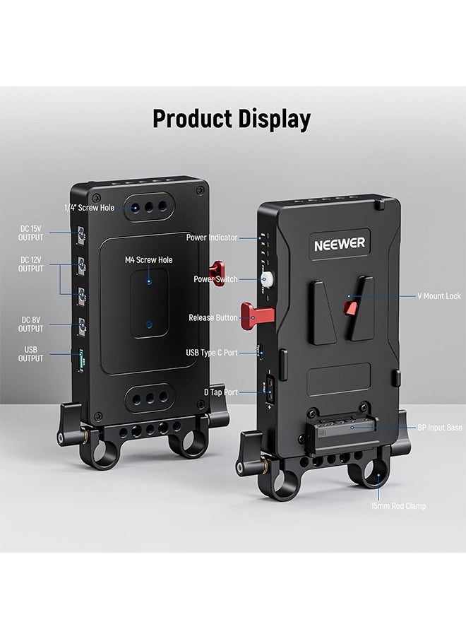 NEEWER V Mount Battery Plate with 15mm Rod Clamp, Power Supply Splitter PD 60W Type C&D Tap/DC15V Port, Compatible with Fxlion Sony V Lock Battery, Compatible with SmallRig Video Rig