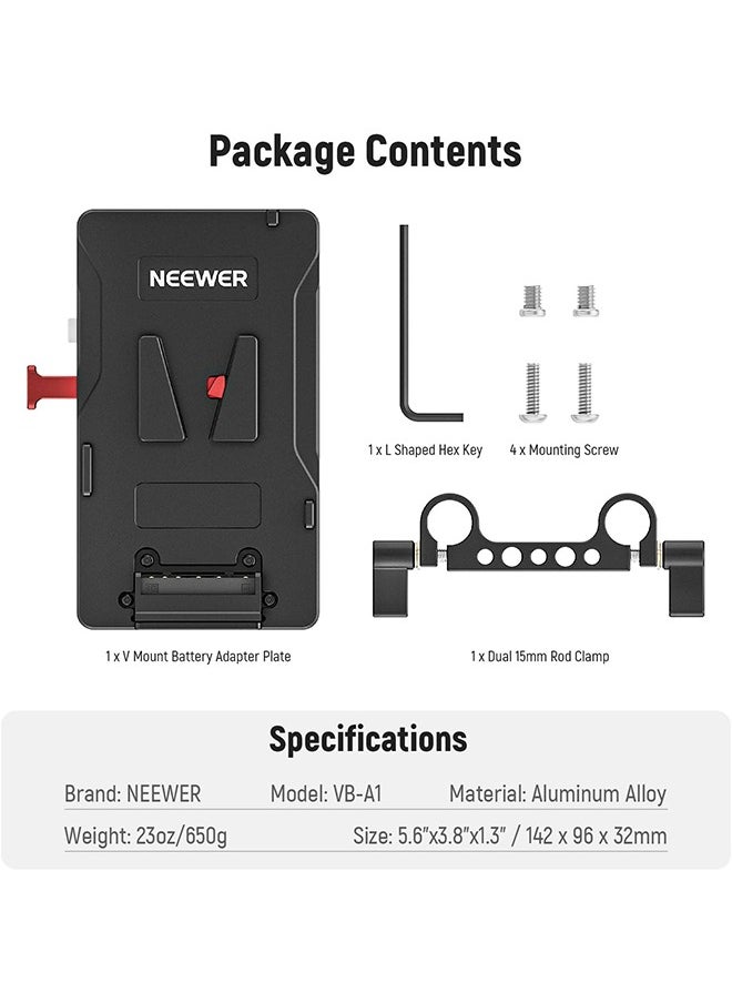 NEEWER V Mount Battery Plate with 15mm Rod Clamp, Power Supply Splitter PD 60W Type C&D Tap/DC15V Port, Compatible with Fxlion Sony V Lock Battery, Compatible with SmallRig Video Rig