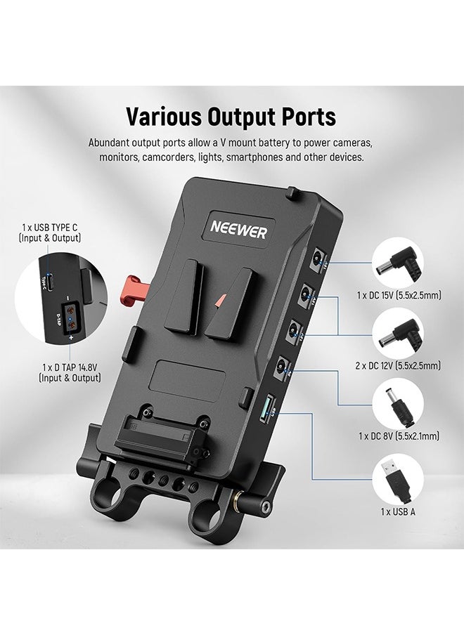 NEEWER V Mount Battery Plate with 15mm Rod Clamp, Power Supply Splitter PD 60W Type C&D Tap/DC15V Port, Compatible with Fxlion Sony V Lock Battery, Compatible with SmallRig Video Rig