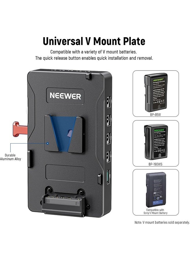 NEEWER V Mount Battery Plate with 15mm Rod Clamp, Power Supply Splitter PD 60W Type C&D Tap/DC15V Port, Compatible with Fxlion Sony V Lock Battery, Compatible with SmallRig Video Rig