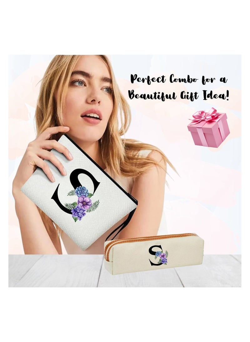 Initial Monogram Cosmetic Bag And Floral Pencil Pouch-A-Z Letter Monogram Set For Girls&Women-Gift Set For Friends,Daughters Or Coworkers-Ideal For School,Work&Travel