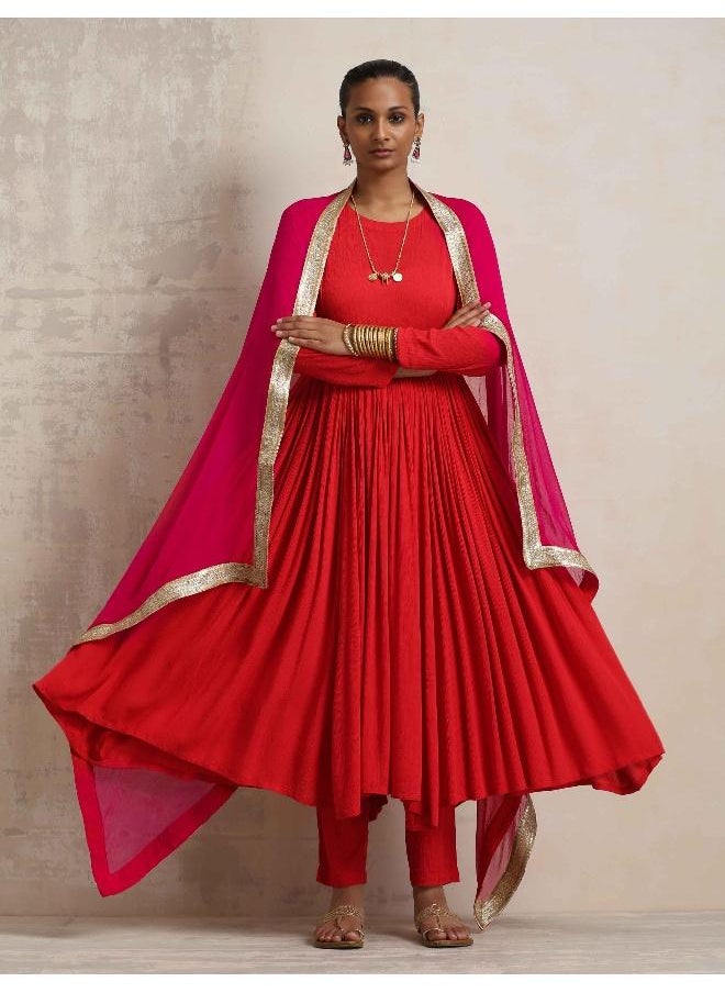 Red Crinkle Anarkali Kurta Pant Dupatta Set