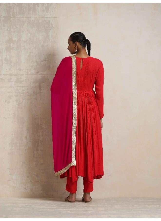 Red Crinkle Anarkali Kurta Pant Dupatta Set