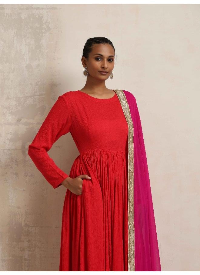 Red Crinkle Anarkali Kurta Pant Dupatta Set