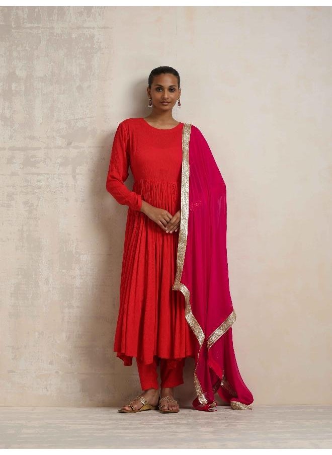 Red Crinkle Anarkali Kurta Pant Dupatta Set