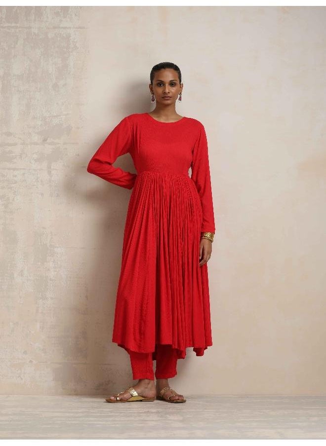 Red Crinkle Anarkali Kurta Pant Dupatta Set