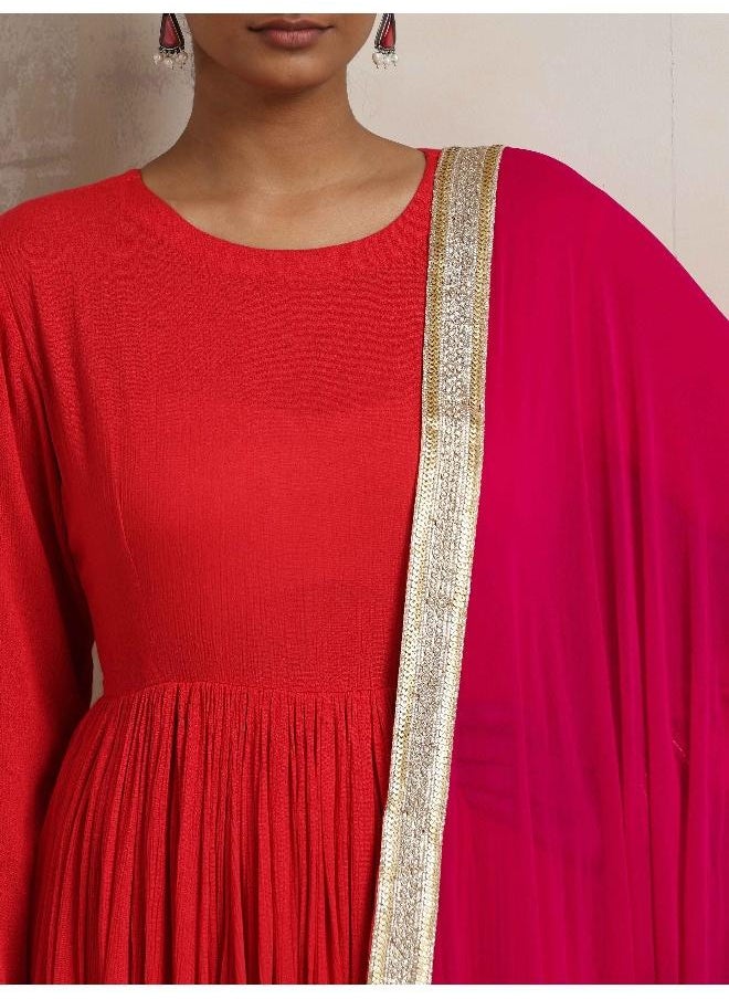 Red Crinkle Anarkali Kurta Pant Dupatta Set