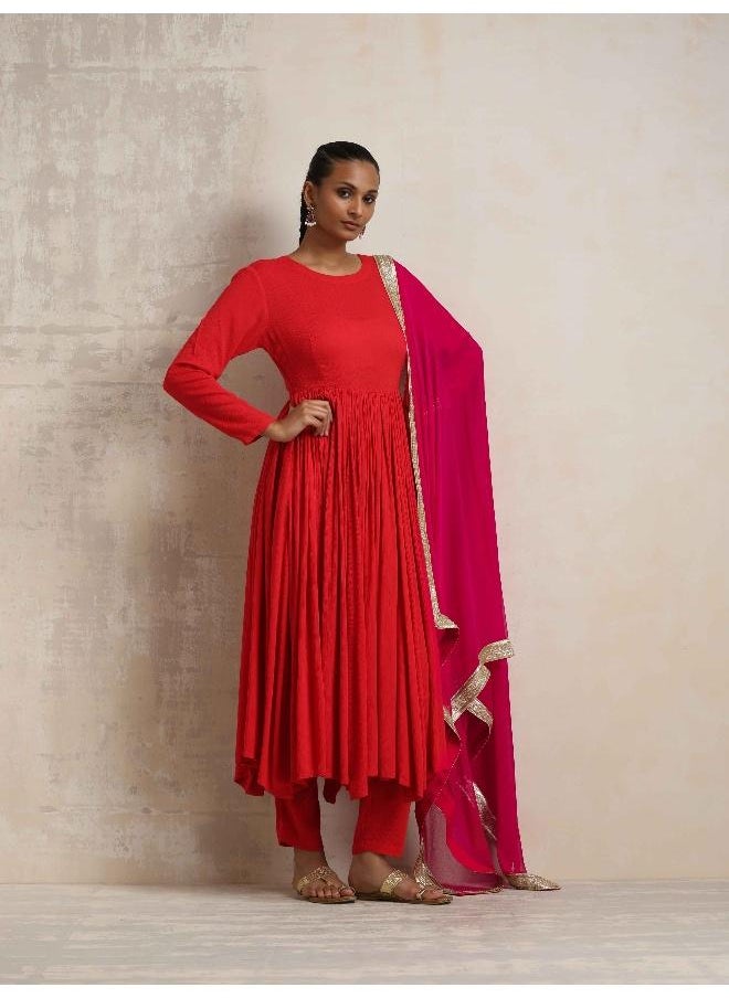 Red Crinkle Anarkali Kurta Pant Dupatta Set