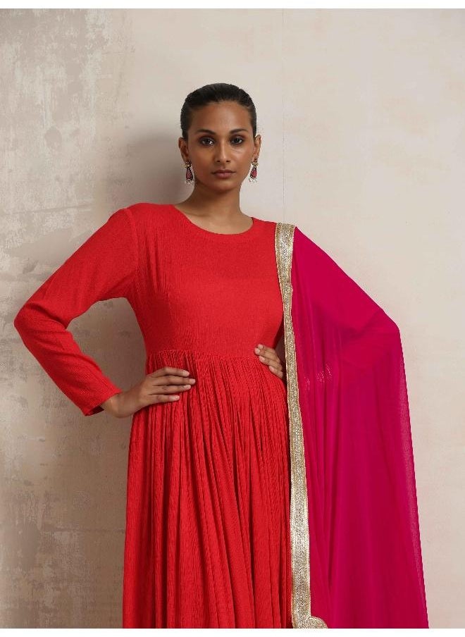 Red Crinkle Anarkali Kurta Pant Dupatta Set