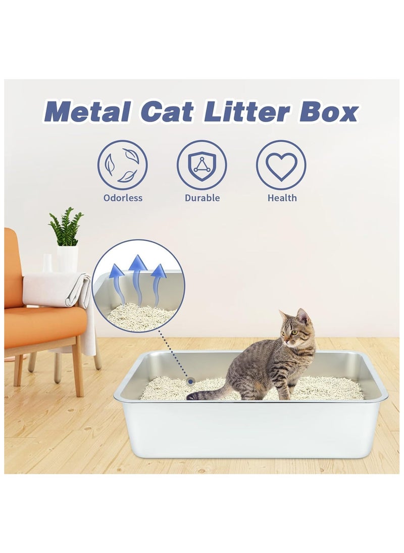 Stainless Steel Cat Litter Box - Large Litter Box for Big Cats - Easy to Clean, Never Absorbs Odor, Stains, or Rusts - Silver (17.7