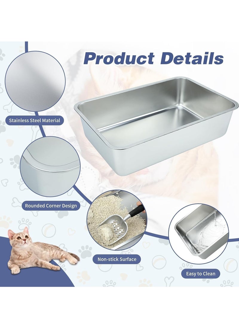 Stainless Steel Cat Litter Box - Large Litter Box for Big Cats - Easy to Clean, Never Absorbs Odor, Stains, or Rusts - Silver (17.7