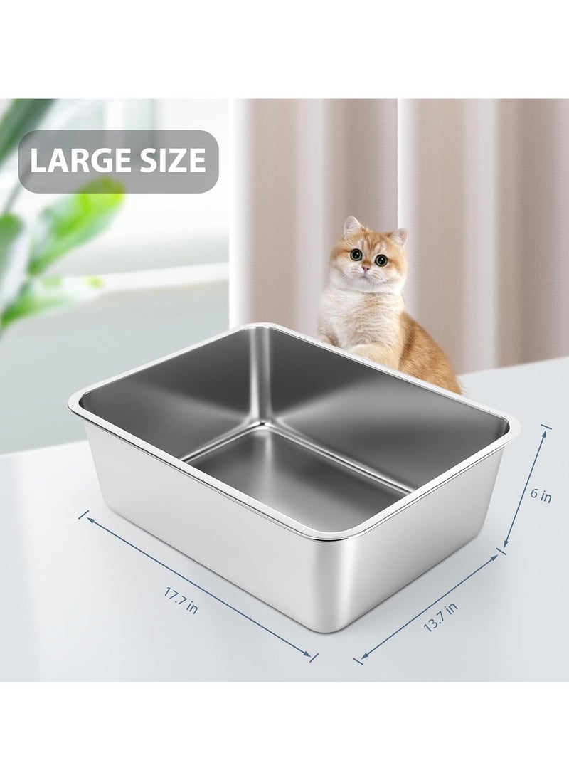 Stainless Steel Cat Litter Box - Large Litter Box for Big Cats - Easy to Clean, Never Absorbs Odor, Stains, or Rusts - Silver (17.7