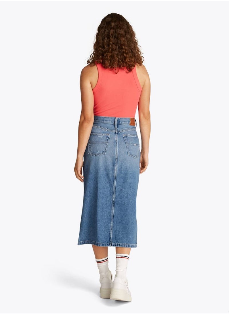 Women's Denim Midi Skirt - Cotton, Blue