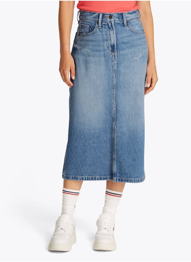 Women's Denim Midi Skirt - Cotton, Blue